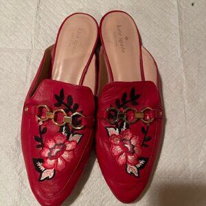 Kate Spade Canyon Maraschino Red Napa Leather Mules with a floral embroidery
